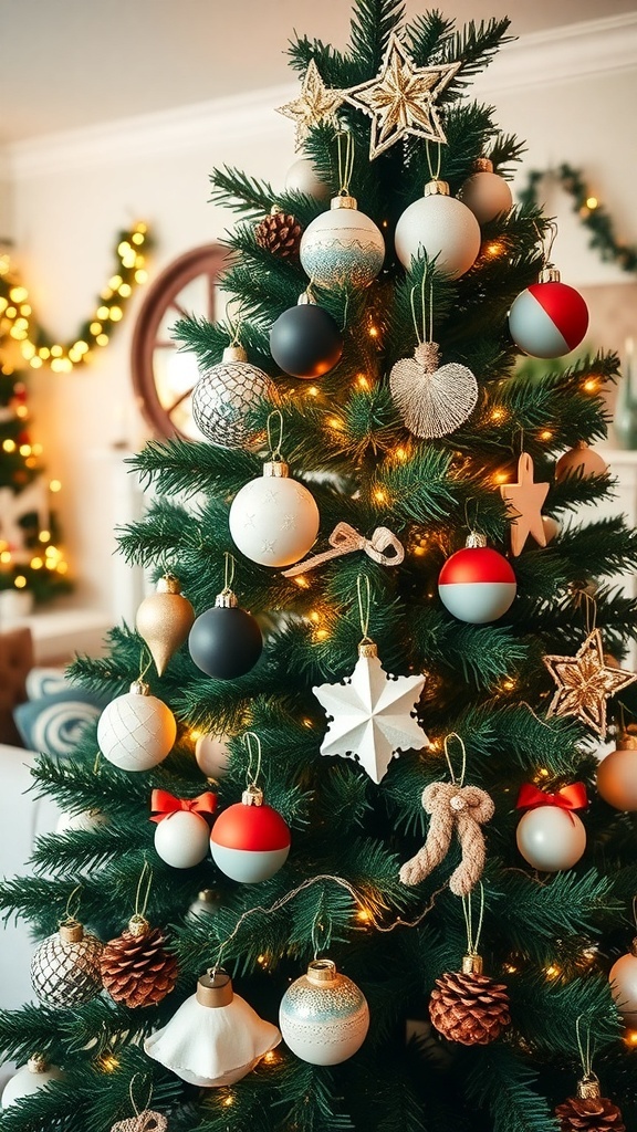 A Christmas tree decorated with colorful DIY ornaments and lights in a festive living room.